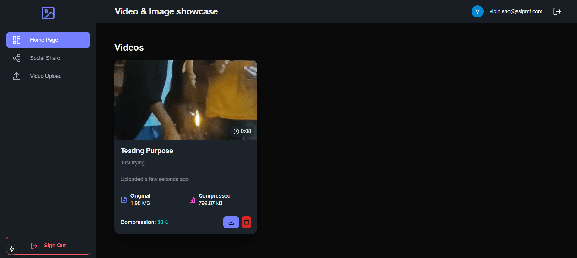 The video library: one card showing a thumbnail, the title, the original and compressed sizes, and the compression saved.